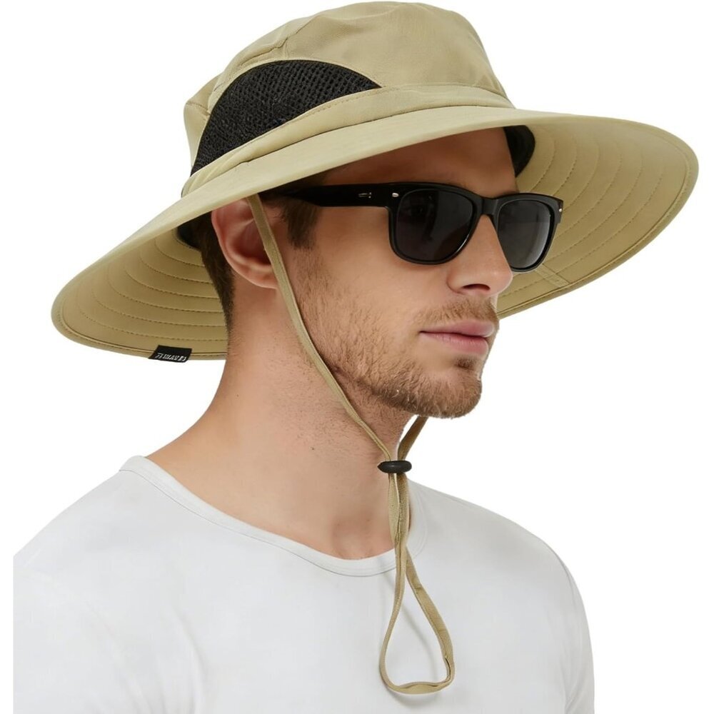 Unisex Khaki 100% Polyester Wide Brim Mesh Vents With Chin Strap Fishing Sun Hat